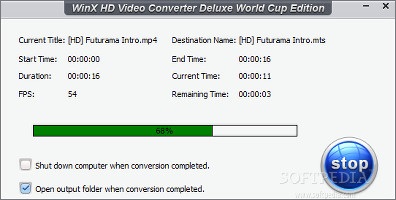 Showing an example of a conversion job in WinX HD Video Converter Deluxe World Cup Edition